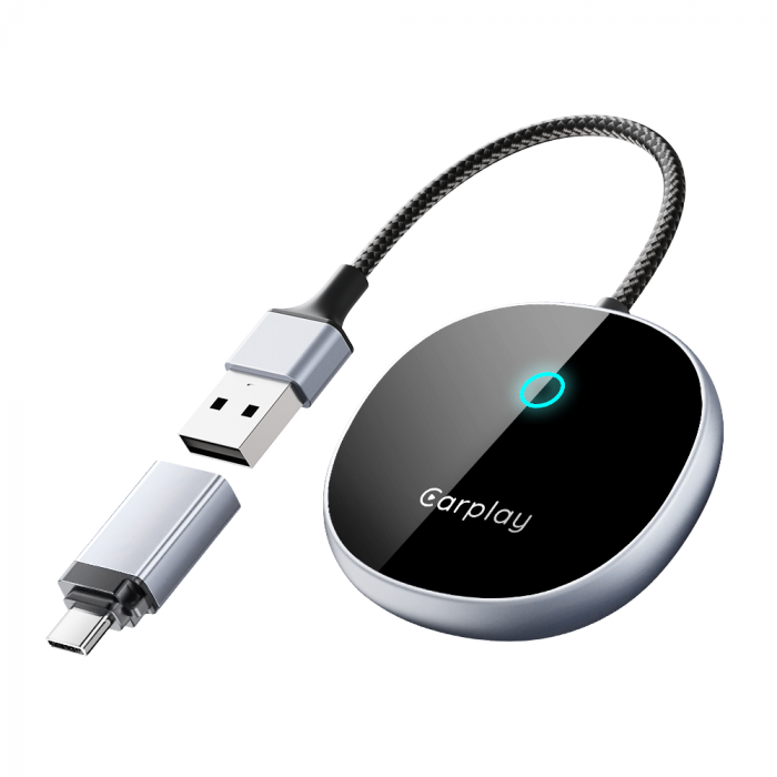 Adaptor auto wireless iSEN A22 pentru Android Auto si CarPlay, Negru, USB si Type-C, Conectare automata, 5.8 GHz, Plug  Play