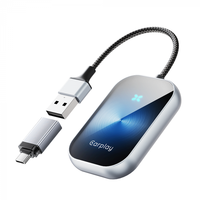 Adaptor auto wireless iSEN A21 pentru Android Auto si CarPlay, Saphire Blue, USB si Type-C, Conectare automata, 5.8 GHz, Plug  Play