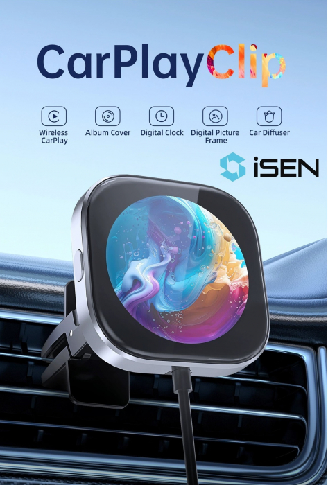 Adaptor auto wireless iSEN CPC1 pentru CarPlay (iOS) , Negru, Display 1.6 inchi Pentru Poze, Ceas Digital, Functia De Odorizant, Type-C, Conectare automata