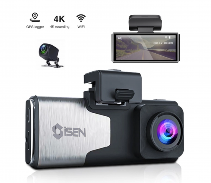 Camera auto DVR iSEN K15, 4K, Filmare 145 , GPS, Night Vision, Monitorizare parcare, WiFi, Slot memorie, Camera spate