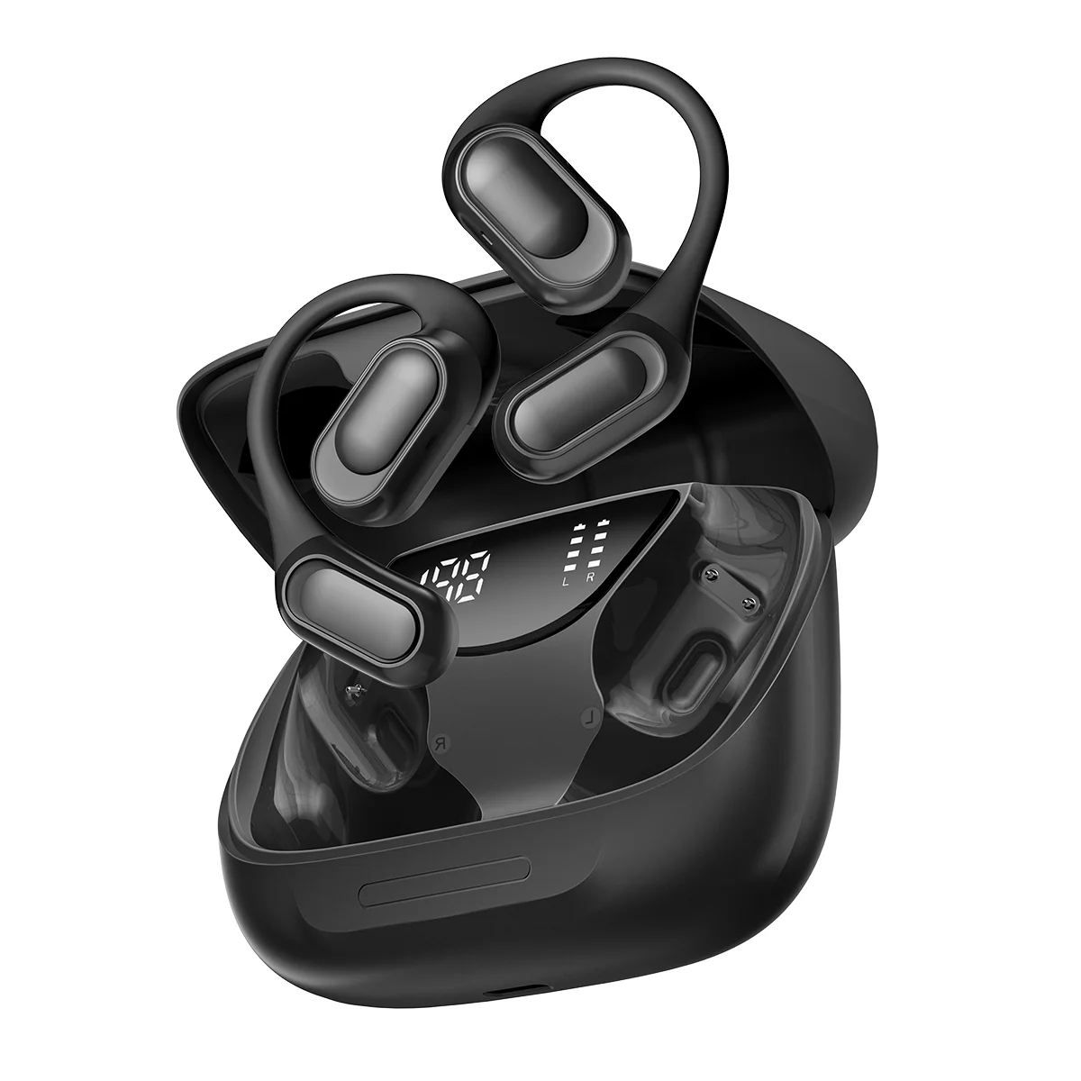 Blackview AirBuds 200 casti wireless open-ear cu carcasa de incarcare 500mAh, Negru, Bluetooth 5.4, IP68, Anulare zgomot AI, Asistent vocal, Control tactil, Silicon, Afisaj LED inteligent