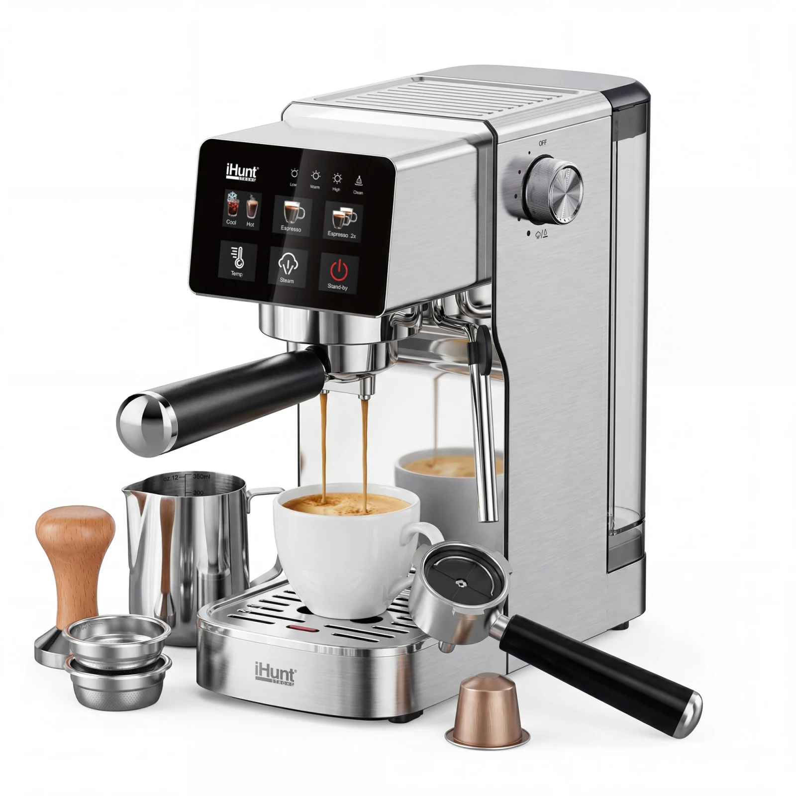 Espressor iHunt Bro Barista Flex 5 în 1, Pompă Ulka 19 Bari, Rezervor 1.2L, Panou Digital Tactil, Sistem Termobloc 1350W, Compatibil Cafea Măcinată și Capsule [6]