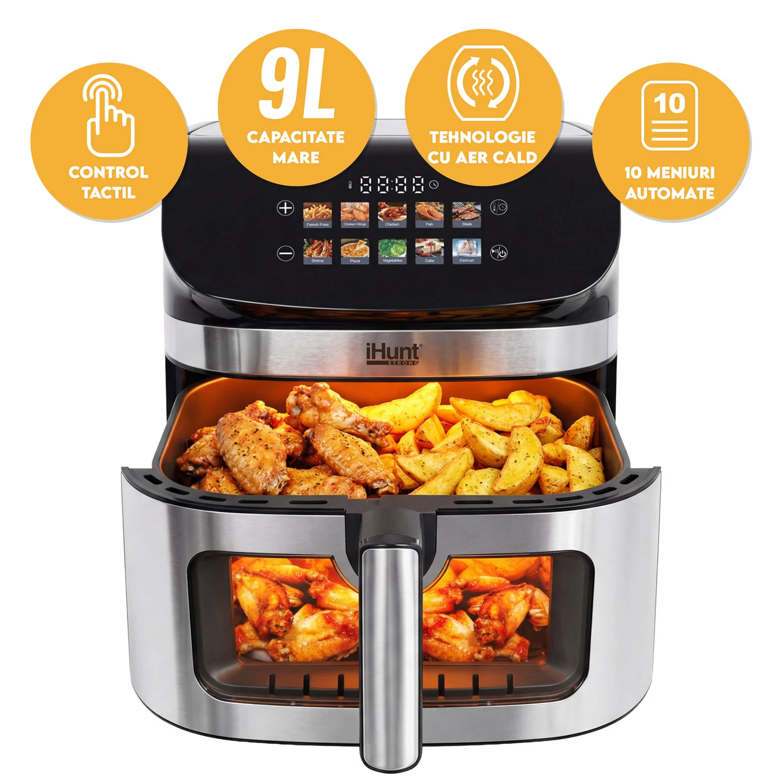 Friteuză cu Aer Cald iHunt BRO Air Fryer II Ultra, 9L, 2200W, Ecran Touch LED, Temperatură Reglabilă, Timer, Menținere la Cald, Recipient Antiaderent [11]