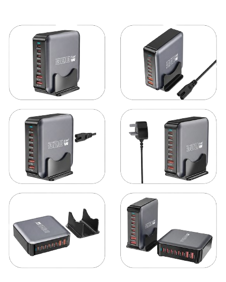 iSEN 320W GaN Desktop Charger, Black, 8 USB Ports (6x USB-C + 2x USB-A), 100W PD, Fast Multi-Device Charging [3]
