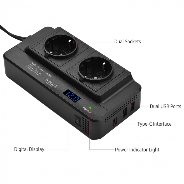 Invertor de Tensiune de la Priza Auto iSEN 8300-2, 12V la Priza EU Dubla 230V, Putere 200W, 2 x Porturi USB, 5.4A, Suport PD, Afisaj Digital [2]