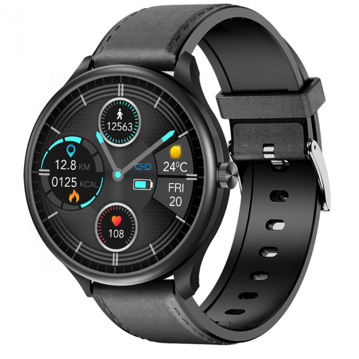 Smartwatch iSEN Watch M10 Negru cu bratara neagra din piele, 1.3 , ECG, PPG, Ritm cardiac, Presiune sanguina, Temperatura, Apelare