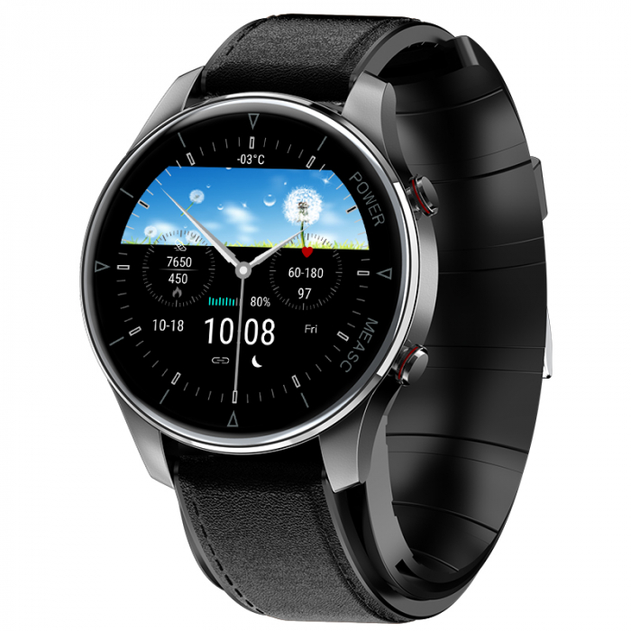 Smartwatch iSEN Watch P50 Negru cu bratara neagra din piele, IPS 1.3 , Tensiometru cu manseta gonflabila, Temperatura, Oxigen