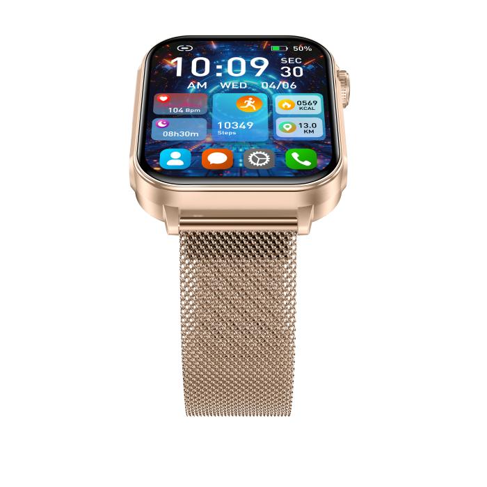 iSEN V96 Smartwatch, Gold, 1.83" HD, Heart Rate, Blood Pressure, Blood Oxygen (SpO2), Call Function, 280 mAh, IP67, Metal Strap, DaFit App, Music control, Weather, Android 5.2 / iOS 9.0 [17]