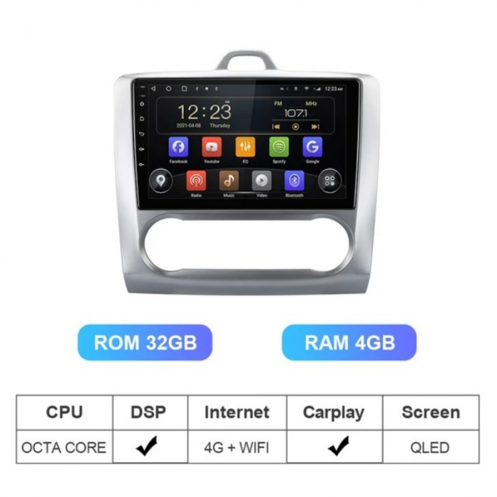Player multimedia Isudar V72 pentru Ford Focus MK2 cu climatizare automata, 4G, 2DIN, QLED 9.0 , 4GB RAM, 32GB ROM, Android 10, GPS, 4x 48W imagine noua