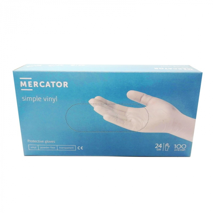 Manusi de protectie din vinil nepudrate Mercator Simple Vinyl Alb, Interior clorurat, Non-sterile, Non-latex, Ambidextre, 100 bucati