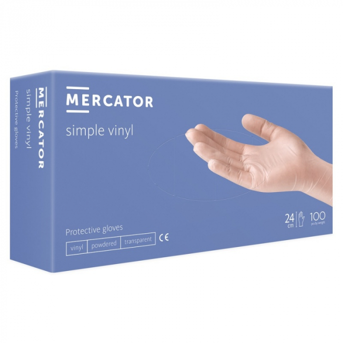 Manusi de protectie din vinil pudrate Mercator Simple Vynil Transparent, Non-sterile, Non-latex, Ambidextre, 100 bucati