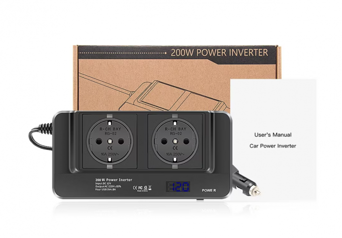 Invertor de putere cu unda sinusoidala iSEN 8300, Negru, 200W, DC12V la AC220V, Afisaj LCD, 2 prize AC EU, 2x Porturi USB cu Incarcare rapida 2x Porturi USB cu Incarcare super rapida [4]