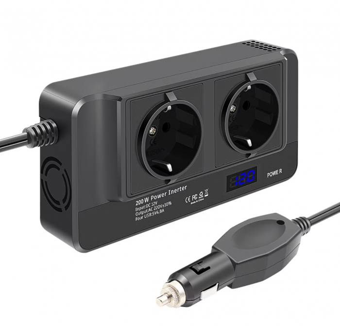 Teljesítménymérő inverter iSEN 8300, fekete, 200W, DC24V -ról AC220V-ra, LCD kijelző, 2 EU AC aljzat, 4 USB port gyors töltéssel [5]