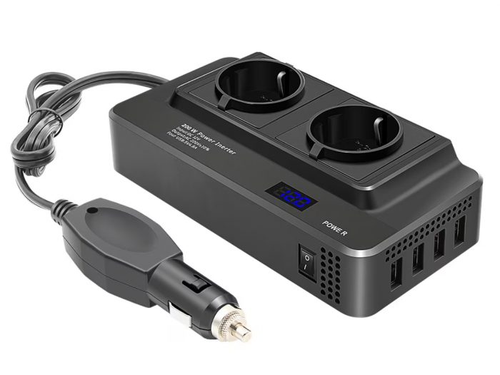 Invertor de putere cu unda sinusoidala iSEN 8300, Negru, 200W, DC12V la AC220V, Afisaj LCD, 2 prize AC EU, 2x Porturi USB cu Incarcare rapida 2x Porturi USB cu Incarcare super rapida [2]