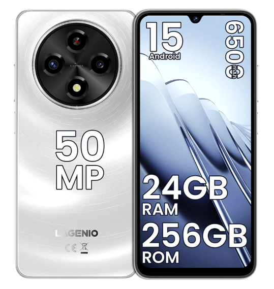 Telefon Mobil LAGENIO A12 Pro, Alb, 4G, 6.9   HD 120Hz, 24GB RAM (8GB + 16GB Extensibili), 256GB ROM, 50MP, Android 15, Unisoc T7250, OTG, Jack, FaceID, Gemini AI, 6500mAh, Dual SIM