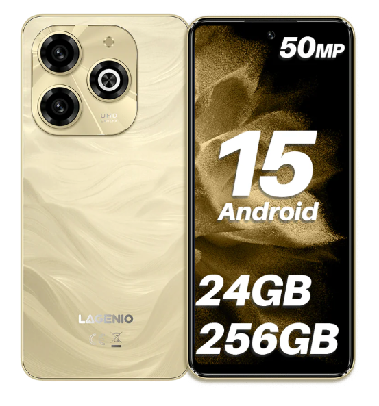 Telefon Mobil LAGENIO A11 Pro, Auriu, 4G, 6.7   HD+ 120Hz, 24GB RAM (8GB + 16GB Extensibili), 256GB ROM, 50MP, Android 15, Unisoc T7250, OTG, Jack, FaceID, 5150mAh, Dual SIM
