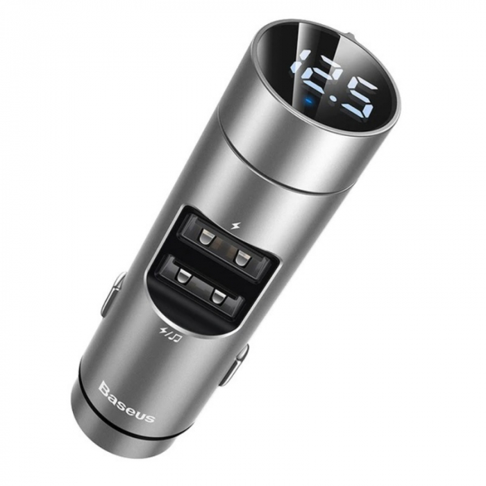 Modulator FM Baseus Energy Column Silver, Incarcare rapida 3.1A, 2x USB, Redare muzica wireless si de pe USB, Afisare voltaj baterie [1]