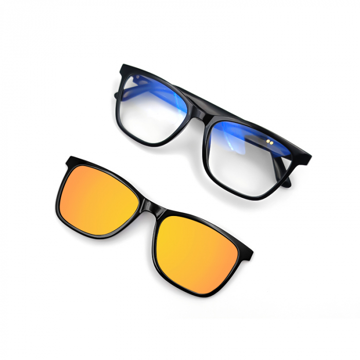 Ochelari de soare smart iSEN GS05, Lentile transparente + lentile portocalii polarizate, Unisex, Rama magnetica, Microfon si difuzor incorporat, Muzica si apeluri Bluetooth, Asistare vocala