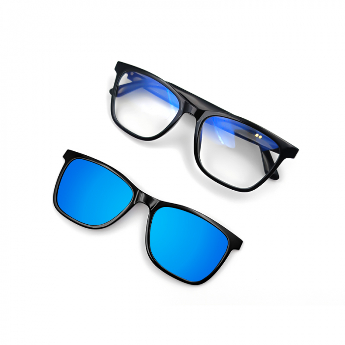 Ochelari de soare smart iSEN GS05, Lentile transparente + lentile albastre polarizate, Unisex, Rama magnetica, Microfon si difuzor incorporat, Muzica si apeluri Bluetooth, Asistare vocala