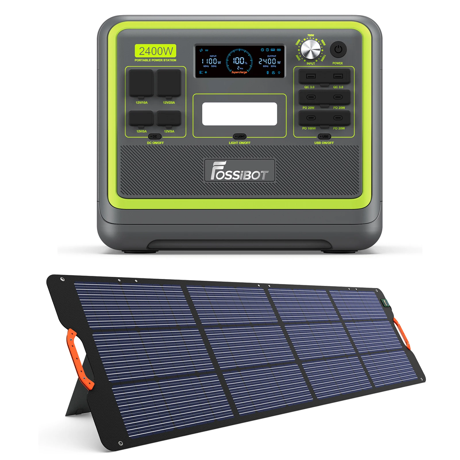 Pachet Fossibot  F2400 Verde Statie electrica de incarcare portabila , LED, IP67 + Panou solar portabil Fossibot SP200  200W [2]