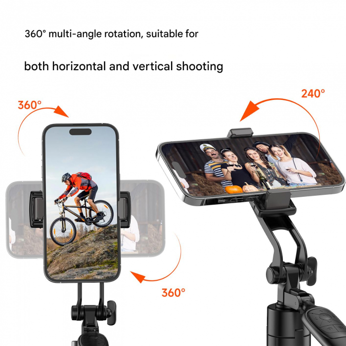 Selfie Stick Trepied Extensibil iSEN A81S Negru, 1900mm, Rotatie universala, Telecomanda Bluetooth Detasabila, Maner Anti-vibratii, 120mAh [2]