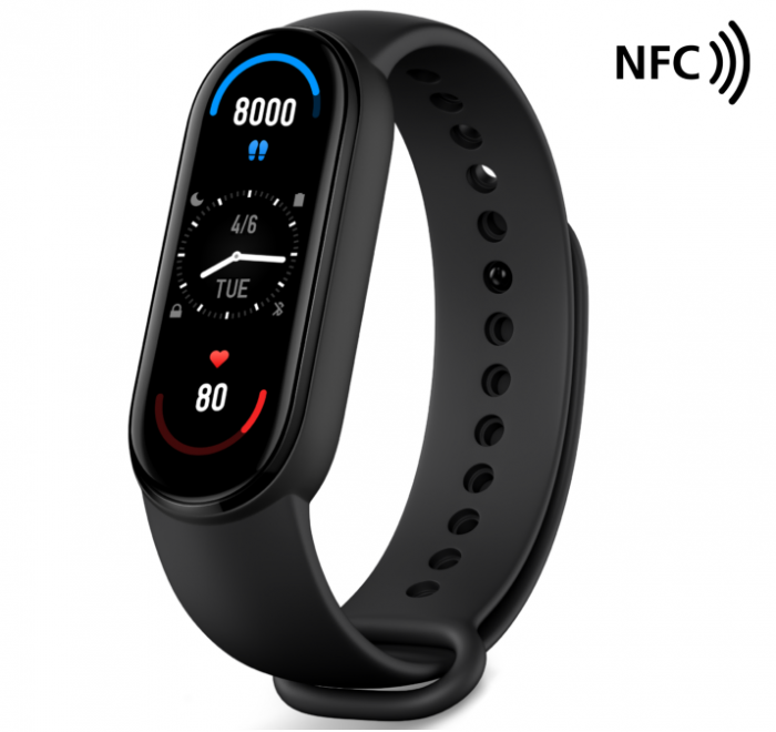 Smartband Xiaomi Mi Band 6 NFC Negru, AMOLED 1.56 , PAI, Ritm cardiac, Oxigen, Stres, Menstruatie, Inot, 30 moduri sport