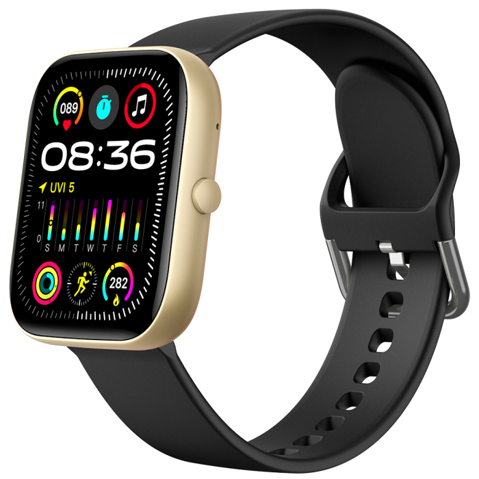 Smartwatch iSEN C08, Auriu, Curea TPU Neagra, 1.91" TFT, Ritm Cardiac, Tensiune Arteriala, Oxigen in Sange (SpO2), Moduri Sport, Notificari Apeluri & Mesaje, 200 mAh, Android 5.0 / iOS 10.0 [15]