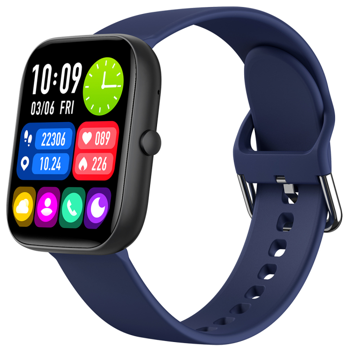 Smartwatch iSEN C08, Negru, Curea TPU Albastru, 1.91" TFT, Ritm Cardiac, Tensiune Arteriala, Oxigen in Sange (SpO2), Moduri Sport, Notificari Apeluri & Mesaje, 200 mAh, Android 5.0 / iOS 10.0 [15]