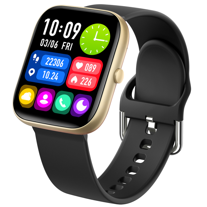 Smartwatch iSEN C08, Auriu, Curea TPU Neagra, 1.91" TFT, Ritm Cardiac, Tensiune Arteriala, Oxigen in Sange (SpO2), Moduri Sport, Notificari Apeluri & Mesaje, 200 mAh, Android 5.0 / iOS 10.0 [12]