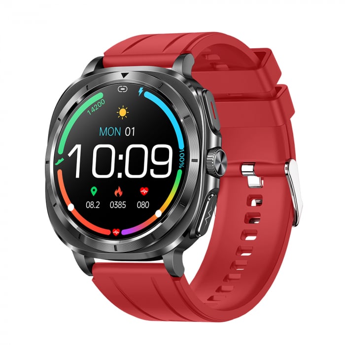 Smartwatch iSEN ET492, Curea silicon rosu, 1.43   AMOLED HD, HRV, ECG, Monitorizare sanatate, Functii sport, Bluetooth Call, 380 mAh, Android 5.0 or iOS 10.0 sau mai recent, NFC pentru lacate