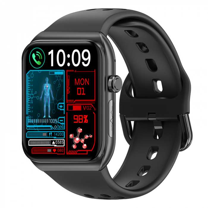 Smartwatch iSEN BK01, Negru, 1.81 HD, Apel Bluetooth, ECG, glucoza din sange, oxigen din sange, tensiune arteriala, puls, temperatura corporala, redare muzica, 270 mAh