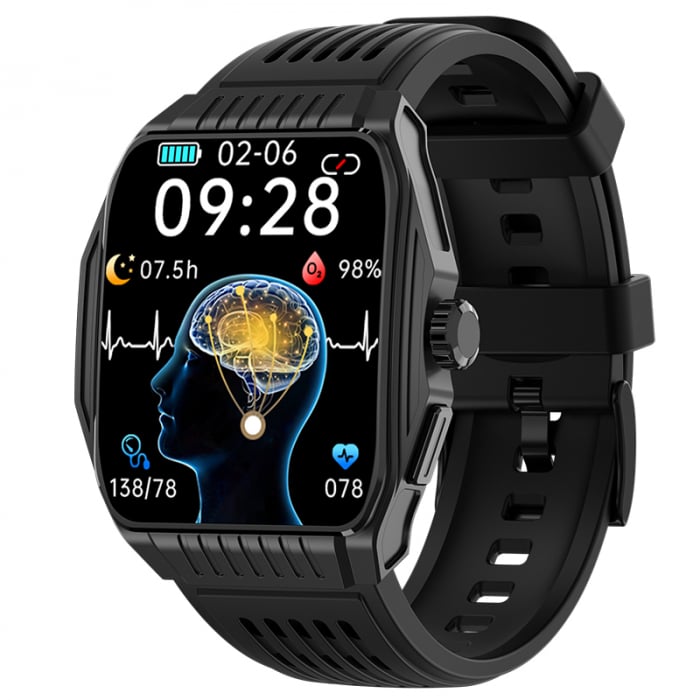 Smartwatch iSEN JT03 Negru, 1.85   HD, Imbunatatire somn, Glicemie, PPG+ECG, HR, Apel Bt, SOS, Asist. vocal, Ingrijire de la distanta