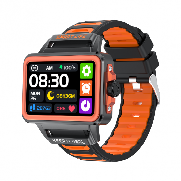 Smartwatch iSEN S666, Orange Gray Black, 1.57 TFT HD, iOS Android, NFC, Alerta apel Bluetooth, Jocuri, Monitorizare sanatate, 240mAh