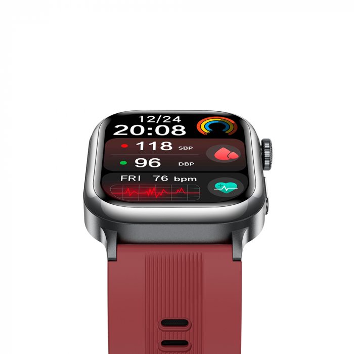 iSEN TK66 Okosóra Piros, 2.06" AMOLED, Légpumpás + Légpárnás Vérnyomásmérő, EKG, Pulzus, Vér Oxigén, Alvás és Egészségfigyelés, Sport Módok, BT Hívás, Zenevezérlés, NFC, 530mAh [6]