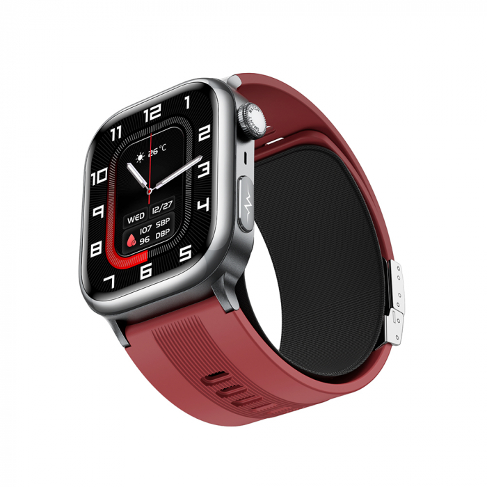 iSEN TK66 Okosóra Piros, 2.06" AMOLED, Légpumpás + Légpárnás Vérnyomásmérő, EKG, Pulzus, Vér Oxigén, Alvás és Egészségfigyelés, Sport Módok, BT Hívás, Zenevezérlés, NFC, 530mAh [4]