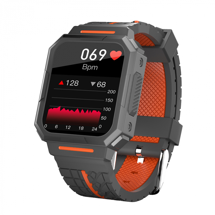 Smartwatch iSEN Watch C1 Negru cu portocaliu, IPS 1.7 , Puls, Presiune sanguina, Saturatie oxigen, Monitorizare somn, Bt v5.0, IP67, 230mAh