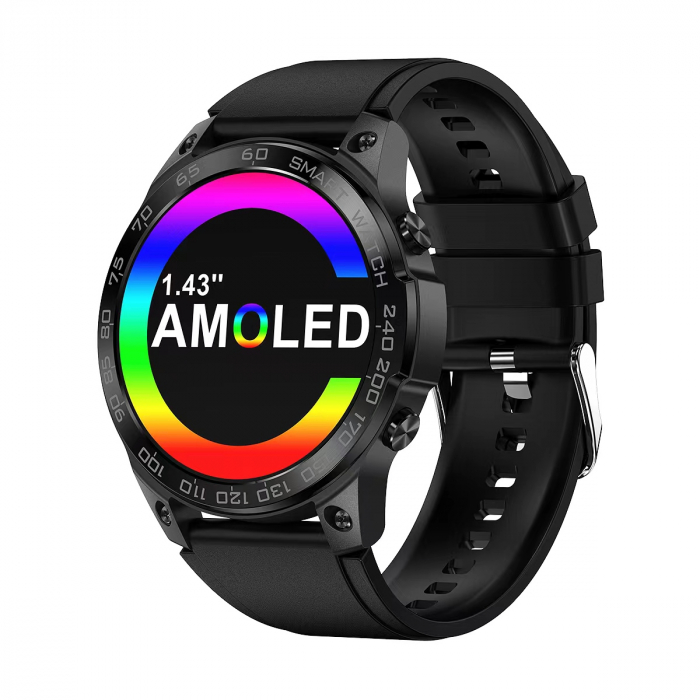 Smartwatch iSEN Watch DM50, Negru cu bratara neagra silicon, Monitorizare functii vitale, AMOLED 1.43 , Bt v5.0, NFC, IP68, 400 mAh