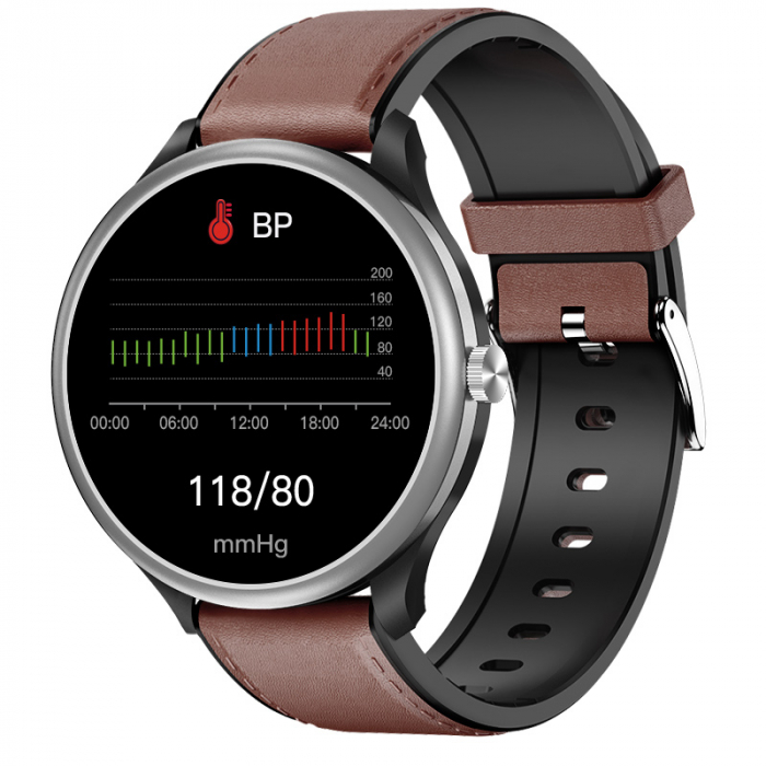 Smartwatch iSEN Watch M10 Silver cu bratara maro inchis din piele, 1.3 , ECG, PPG, Ritm cardiac, Presiune sanguina, Temperatura, Apelare