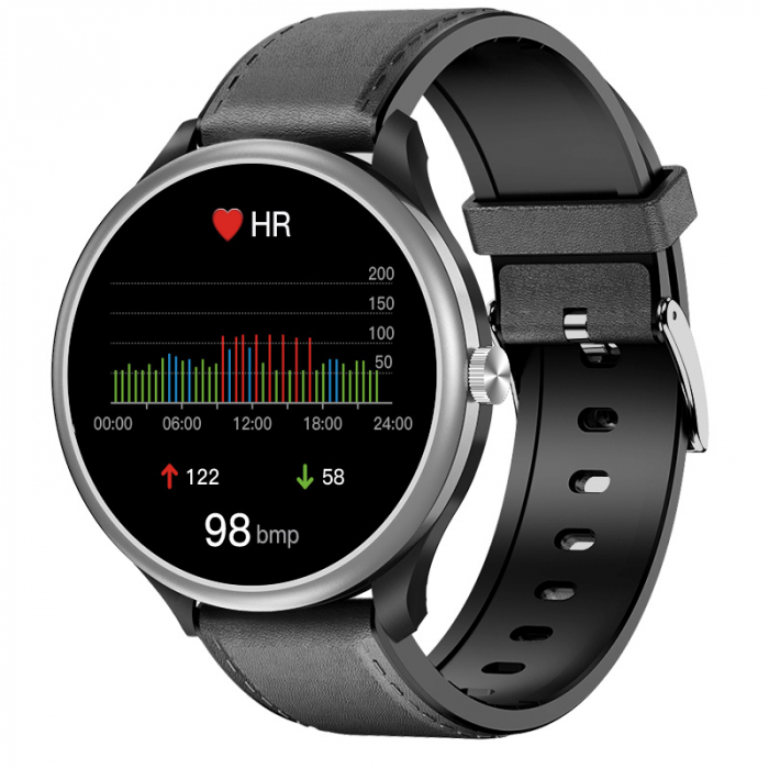 Smartwatch iSEN Watch M10 Silver cu bratara neagra din piele, 1.3 , ECG, PPG, Ritm cardiac, Presiune sanguina, Temperatura, Apelare