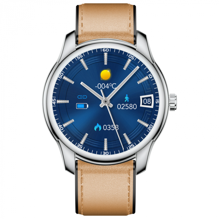 Smartwatch iSEN Watch W9 Silver cu bratara maro deschis din piele, 1.3 Display costomizabil, IP68, 200mAh, HR, Tensiune, Notificari, Muzica