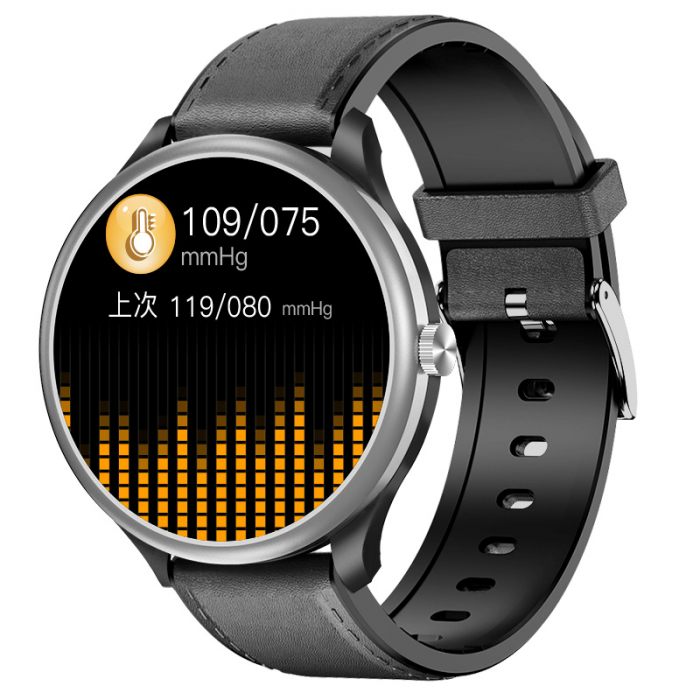 Smartwatch iSEN Watch M3 Silver cu bratara neagra de piele, 1.3 Touchscreen, Bt Call, IP68, 240mAh, HR, Tensiune, Notificari, Muzica
