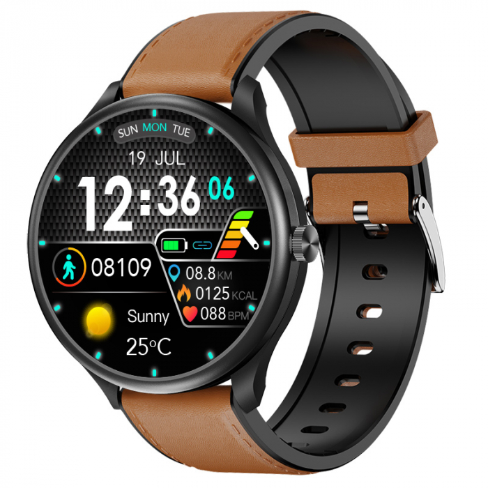 Smartwatch iSEN Watch M3 Negru cu bratara maro deschis de piele, 1.3 Touchscreen, Bt Call, IP68, 240mAh, HR, Tensiune, Notificari, Muzica
