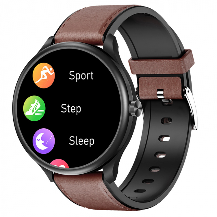 Smartwatch iSEN Watch M3 Negru cu bratara maro inchis de piele, 1.3 Touchscreen, Bt Call, IP68, 240mAh, HR, Tensiune, Notificari, Muzica