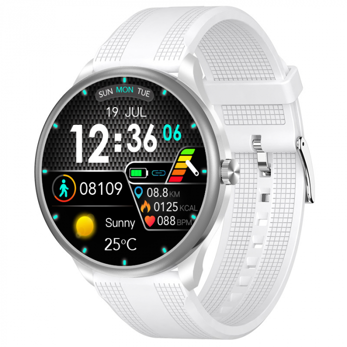 Smartwatch iSEN Watch M3 Silver cu bratara alba din TPU, 1.3 Touchscreen, Bt Call, IP68, 240mAh, HR, Tensiune, Notificari, Muzica