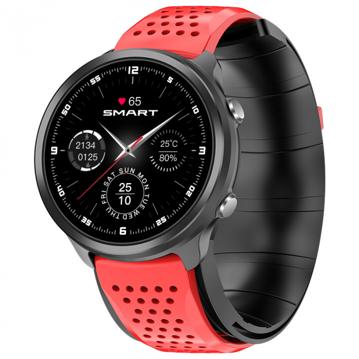 Smartwatch iSEN Watch P30 Negru cu bratara rosie din TPU, 1.3 , Tensiometru cu manseta gonflabila, Temperatura, Oxigen