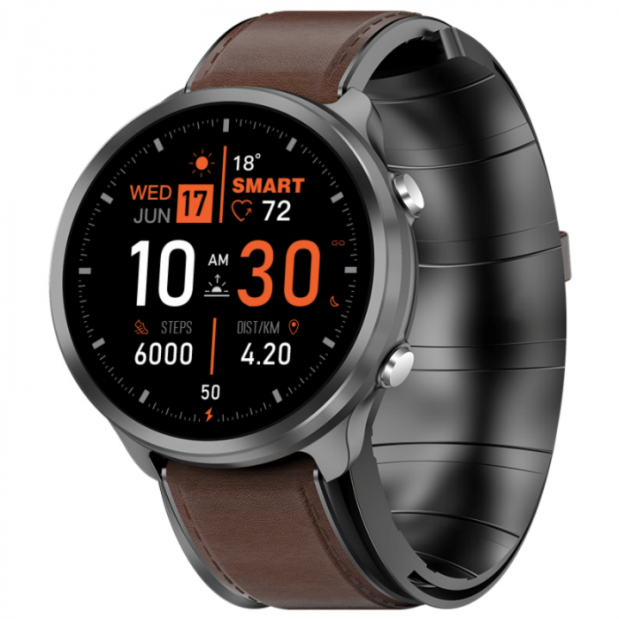 Smartwatch iSEN Watch P30 Negru cu bratara maro inchis din piele, 1.3 , Tensiometru cu manseta gonflabila, Temperatura, Oxigen