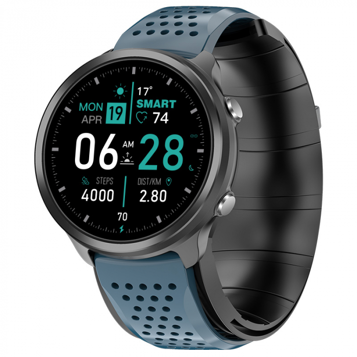 Smartwatch iSEN Watch P30 Negru cu bratara albastra din TPU, 1.3 , Tensiometru cu manseta gonflabila, Temperatura, Oxigen