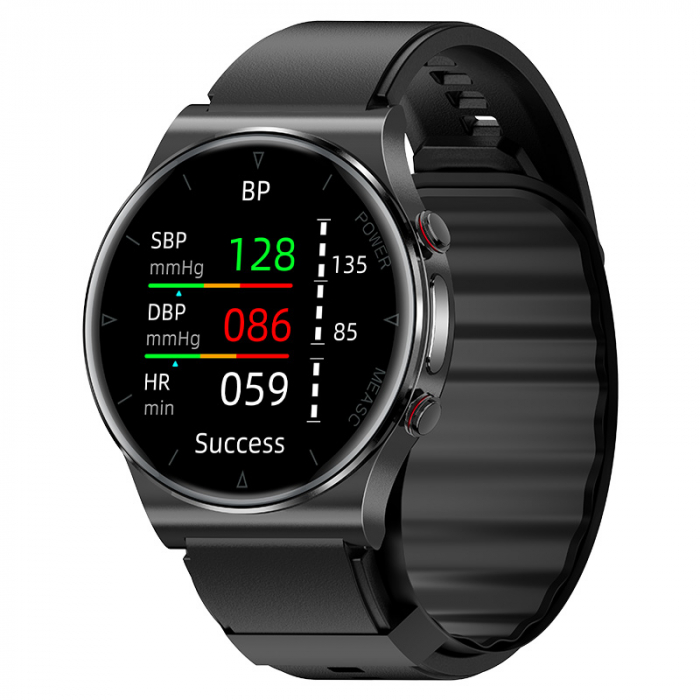Smartwatch iSEN Watch P70 Resigilat, Negru cu bratara neagra din TPU, 1.32 HD, Tensiometru cu manseta gonflabila, EKG, HR, Temperatura, Oxigen SpO2