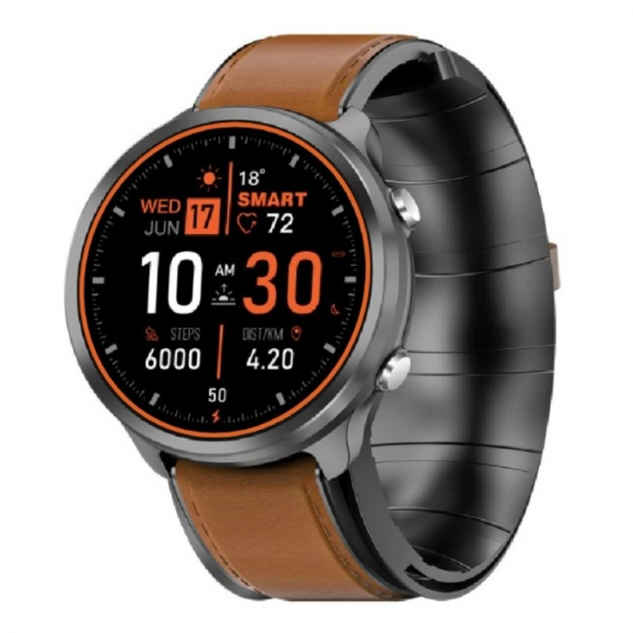 Smartwatch iSEN Watch P30 Negru cu Portocaliu cu bratara maro din piele, 1.3 , Tensiometru cu manseta gonflabila, Temperatura, Oxigen imagine noua