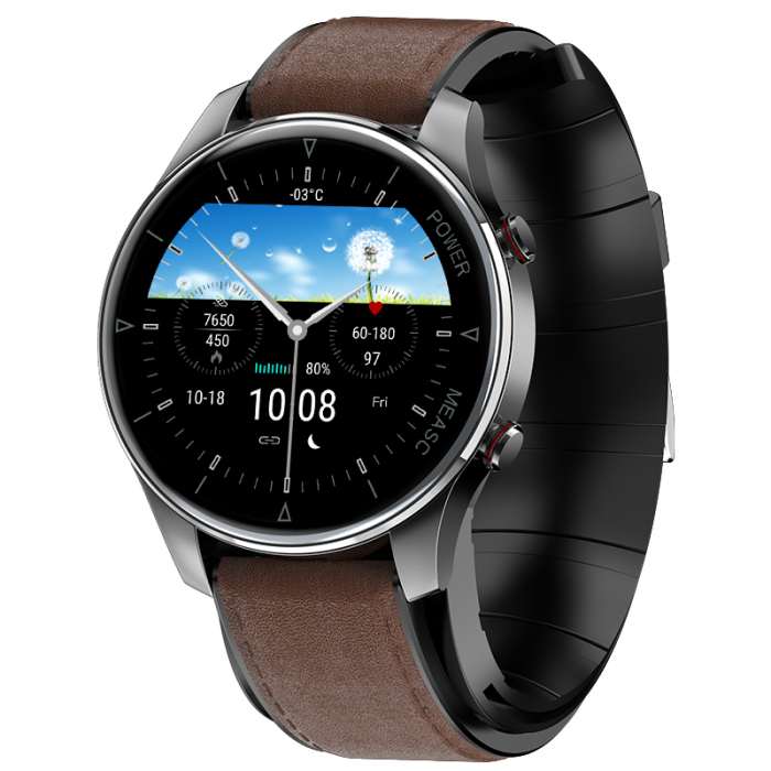 Smartwatch iSEN Watch P50 Negru cu bratara maro inchis din piele, IPS 1.3 , Tensiometru cu manseta gonflabila, Temperatura, Oxigen